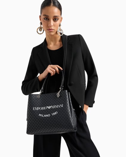 EMPORIO ARMANI Emporıo Armani Kadın Emporio Armani Yazı Ve Logo Desenli Geniş Kısa Ve Uzun Askı Siyah Omuz Çantası Y3D158 YWS0E-86284