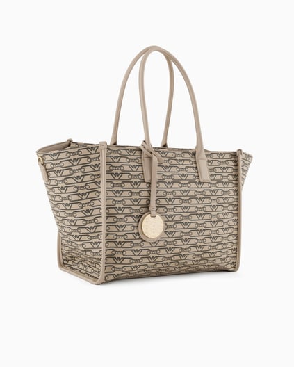 EMPORIO ARMANI Emporıo Armani Kadın Fermuarla Kapanır Ve Tek Bir Ana Bölmeli Logo Desenlii Bej Omuz Çantası EW000370 AF11951-F1074