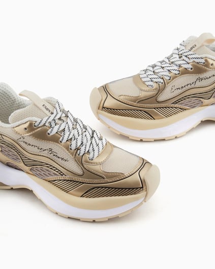 EMPORIO ARMANI Emporıo Armani Kadın Kalın Taban Şerit Çizgi Desenli Renkli Bağcık Gold Sneaker X3X238 XR388-00194