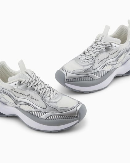 EMPORIO ARMANI Emporıo Armani Kadın Kalın Taban Şerit Çizgi Desenli Renkli Bağcık Gümüş Sneaker X3X238 XR388-00520