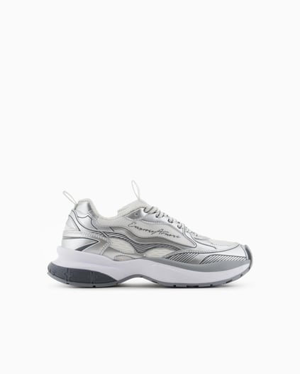 EMPORIO ARMANI Emporıo Armani Kadın Kalın Taban Şerit Çizgi Desenli Renkli Bağcık Gümüş Sneaker X3X238 XR388-00520