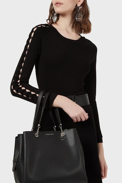 Emporio Armani Emporıo Armani Kadın Logolu Deri Fermuarlı Günlük Kullanım Siyah Omuz Çantası Y3D158 YFN6E-81386
