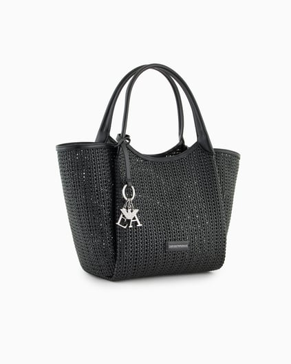 EMPORIO ARMANI Emporıo Armani Kadın Metalik Logo Aksesuarlı Örgü Desenli Çıkarılabilir İç Bölmeli Siyah Omuz Çantası EW001009 AF14309-UC001