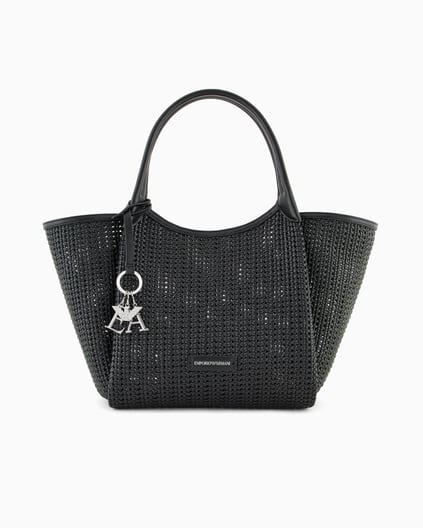 EMPORIO ARMANI Emporıo Armani Kadın Metalik Logo Aksesuarlı Örgü Desenli Çıkarılabilir İç Bölmeli Siyah Omuz Çantası EW001009 AF14309-UC001