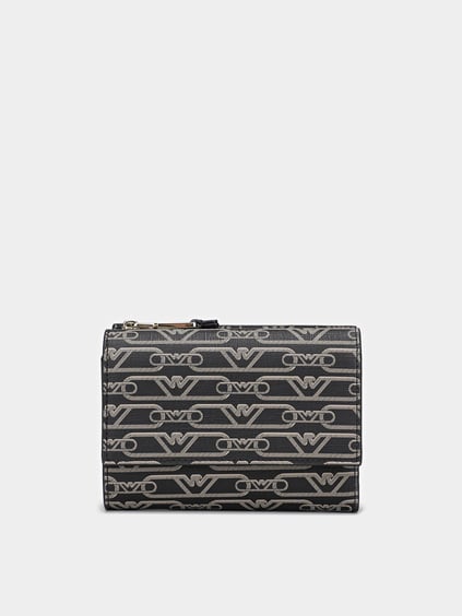 EMPORIO ARMANI Emporıo Armani Kadın Nakit Ve Kart Bölmeli Logo İle Desenli İç Bölüm Deri Siyah Cüzdan EW000368 AF11951-FC033