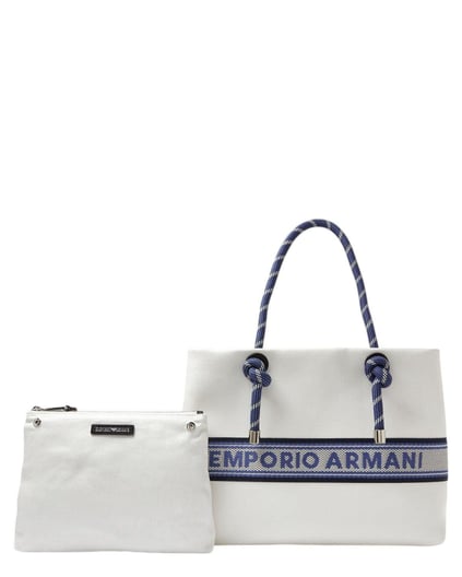 EMPORIO ARMANI Emporıo Armani Kadın Şerit Çizgili Marka Logolu Ekstra İç Bölmeli Beyaz Omuz Çantası EW000360 AF14787-U0005