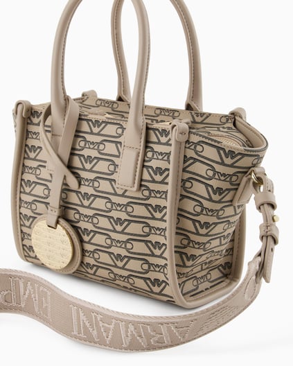 EMPORIO ARMANI Emporıo Armani Kadın Siyah Üzerinde Gold Marka Logolu Çapraz ve Kısa Askılı Bej Omuz Çantası EW000371 AF11951-F1074