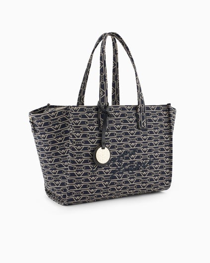 EMPORIO ARMANI Emporıo Armani Kadın Tamamı Monogram Logolu Ayarlanabilir ve Çıkarılabilir Omuz Askılı Orta Boy Jakarlı Kanvas Lacivert Omuz Çantası EW000370 AF12993-FB237