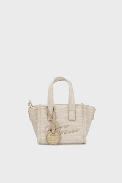 EMPORIO ARMANI Emporıo Armani Kadın Tamamı Monogram Logolu Ayarlanabilir ve Çıkarılabilir Omuz Askılı Mini Boy Jakarlı Kanvas Bej Omuz Çantası EW000371 AF12993-F1073