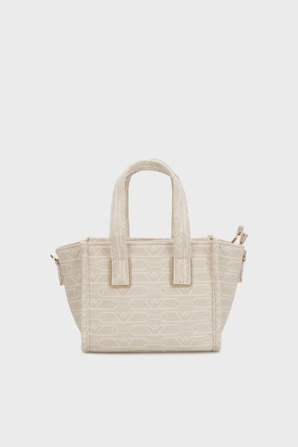 EMPORIO ARMANI Emporıo Armani Kadın Tamamı Monogram Logolu Ayarlanabilir ve Çıkarılabilir Omuz Askılı Mini Boy Jakarlı Kanvas Bej Omuz Çantası EW000371 AF12993-F1073