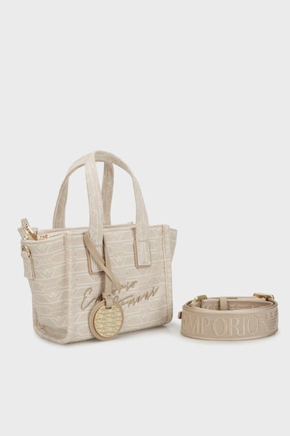 EMPORIO ARMANI Emporıo Armani Kadın Tamamı Monogram Logolu Ayarlanabilir ve Çıkarılabilir Omuz Askılı Mini Boy Jakarlı Kanvas Bej Omuz Çantası EW000371 AF12993-F1073