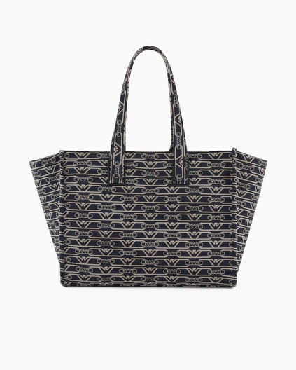 EMPORIO ARMANI Emporıo Armani Kadın Tamamı Monogram Logolu Ayarlanabilir ve Çıkarılabilir Omuz Askılı Orta Boy Jakarlı Kanvas Lacivert Omuz Çantası EW000370 AF12993-FB237