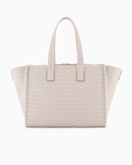 EMPORIO ARMANI Emporıo Armani Kadın Tamamı Monogram Logolu Ayarlanabilir ve Çıkarılabilir Omuz Askılı Orta Boy Jakarlı Kanvas Bej Omuz Çantası EW000370 AF12993-F1073