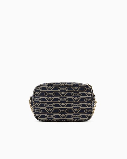 EMPORIO ARMANI Emporıo Armani Kadın Tüm Yüzeyi Monogram Logo Kaplı Jakarlı Ayarlanabilir Zincir Omuz Askılı Kanvas Lacivert Omuz Çantası EW001891 AF16095-FB237