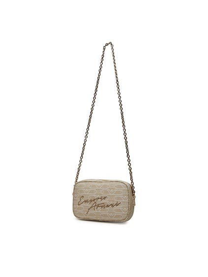 EMPORIO ARMANI Emporıo Armani Kadın Tüm Yüzeyi Monogram Logo Kaplı Jakarlı Ayarlanabilir Zincir Omuz Askılı Kanvas Bej Omuz Çantası EW001891 AF16095-F1073