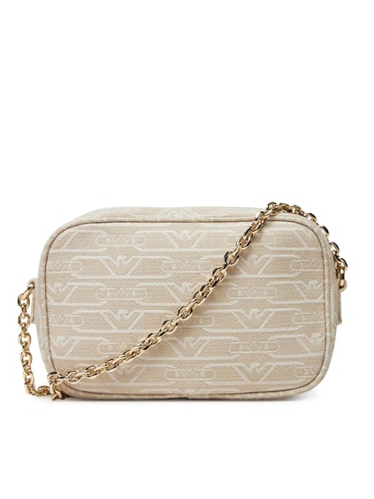 EMPORIO ARMANI Emporıo Armani Kadın Tüm Yüzeyi Monogram Logo Kaplı Jakarlı Ayarlanabilir Zincir Omuz Askılı Kanvas Bej Omuz Çantası EW001891 AF16095-F1073