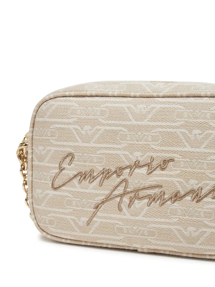 EMPORIO ARMANI Emporıo Armani Kadın Tüm Yüzeyi Monogram Logo Kaplı Jakarlı Ayarlanabilir Zincir Omuz Askılı Kanvas Bej Omuz Çantası EW001891 AF16095-F1073