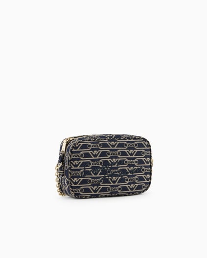 EMPORIO ARMANI Emporıo Armani Kadın Tüm Yüzeyi Monogram Logo Kaplı Jakarlı Ayarlanabilir Zincir Omuz Askılı Kanvas Lacivert Omuz Çantası EW001891 AF16095-FB237
