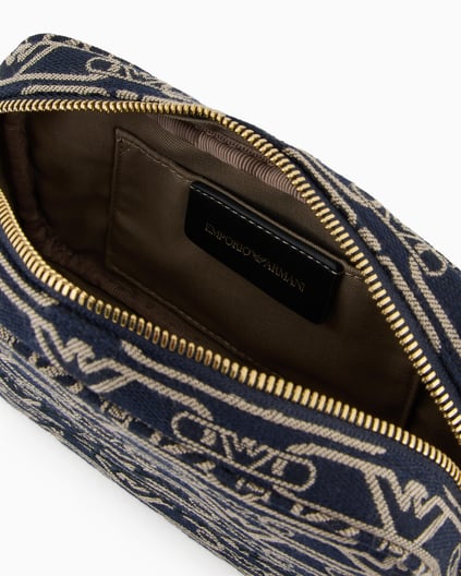 EMPORIO ARMANI Emporıo Armani Kadın Tüm Yüzeyi Monogram Logo Kaplı Jakarlı Ayarlanabilir Zincir Omuz Askılı Kanvas Lacivert Omuz Çantası EW001891 AF16095-FB237