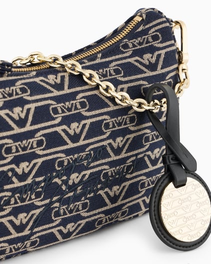 EMPORIO ARMANI Emporıo Armani Kadın Yüm Yüzeyi Kartal Logolu Jakarlı Fermuarlı Bez Lacivert Omuz Çantası EW001892 AF16095-FB237
