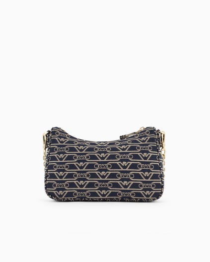 EMPORIO ARMANI Emporıo Armani Kadın Yüm Yüzeyi Kartal Logolu Jakarlı Fermuarlı Bez Lacivert Omuz Çantası EW001892 AF16095-FB237