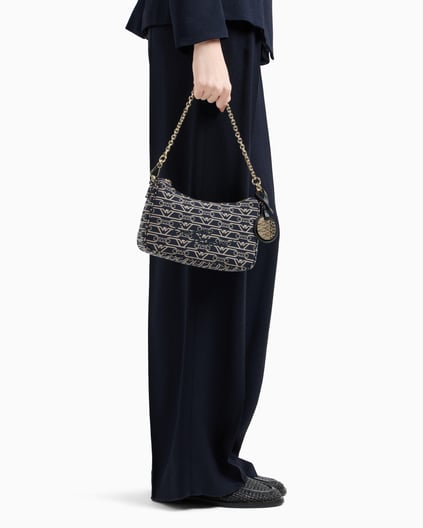 EMPORIO ARMANI Emporıo Armani Kadın Yüm Yüzeyi Kartal Logolu Jakarlı Fermuarlı Bez Lacivert Omuz Çantası EW001892 AF16095-FB237