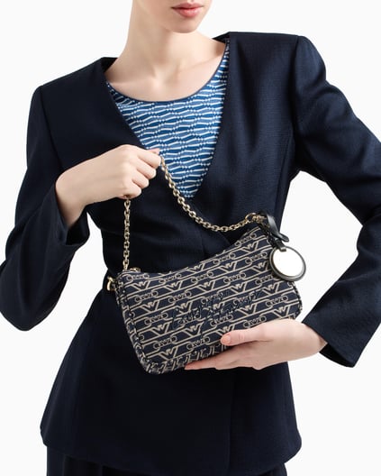 EMPORIO ARMANI Emporıo Armani Kadın Yüm Yüzeyi Kartal Logolu Jakarlı Fermuarlı Bez Lacivert Omuz Çantası EW001892 AF16095-FB237