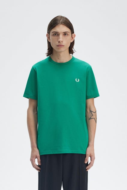 Fred Perry Fred Perry Erkek Pamuklu Jarse Kumaş Manşet ve Yuvarlak Yakalı Kısa Kollu Yeşil T-Shirt M3519-X87