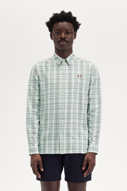 Fred Perry Fred Perry Erkek Regular Fit Ekose Desenli Logo işlemeli %100 Pamuklu Uzun Kollu Ekru Gömlek M9622-560