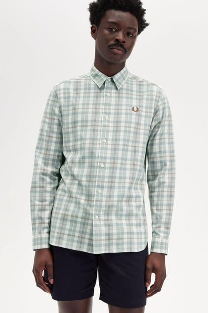Fred Perry Fred Perry Erkek Regular Fit Ekose Desenli Logo işlemeli %100 Pamuklu Uzun Kollu Ekru Gömlek M9622-560