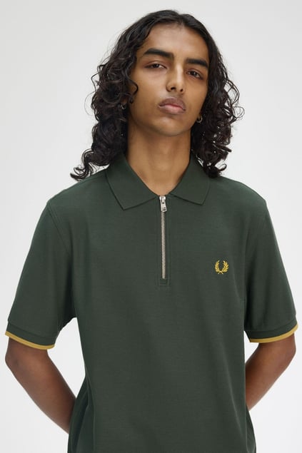 Fred Perry Fred Perry Erkek Regular Fit Fermuar Kapamalı %100 Pamuklu Kısa Kollu Yeşil T-Shirt M9886-X89