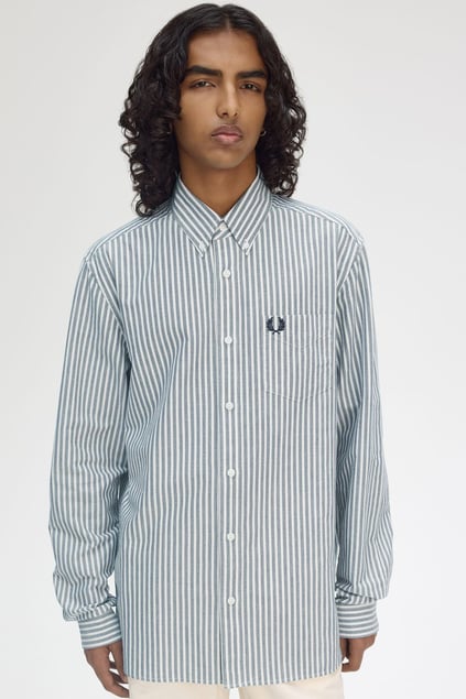 Fred Perry Fred Perry Erkek Regular Fit Çizgili Göğsünde İşleme Logo Detaylı Uzun Kollu Mavi Gömlek M6574-X86
