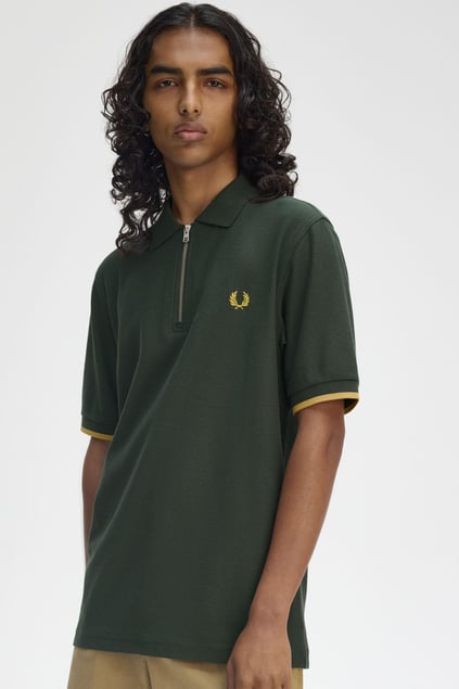 Fred Perry Fred Perry Erkek Regular Fit Fermuar Kapamalı %100 Pamuklu Kısa Kollu Yeşil T-Shirt M9886-X89