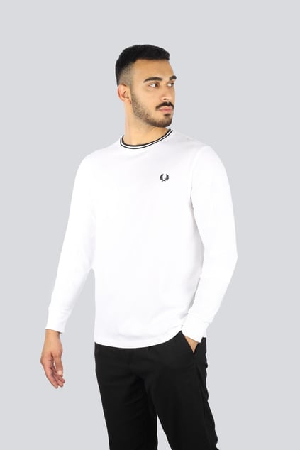 Fred Perry Fred Perry Erkek Uzun Kol Pamuklu Bisiklet Yaka Düz Beyaz T-Shirt M9602-100