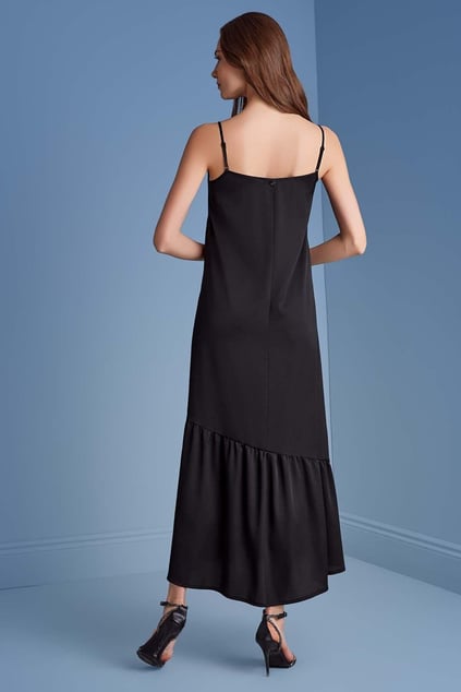 Guitar Guıtar Kadın İp Askılı Rahat Kumaş Bol Kalıp Midi Boy Siyah Elbise 25074-DRESS-10