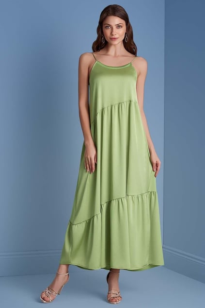Guitar Guıtar Kadın İp Askılı Rahat Kumaş Bol Kalıp Midi Boy Yeşil Elbise 25074-DRESS-155