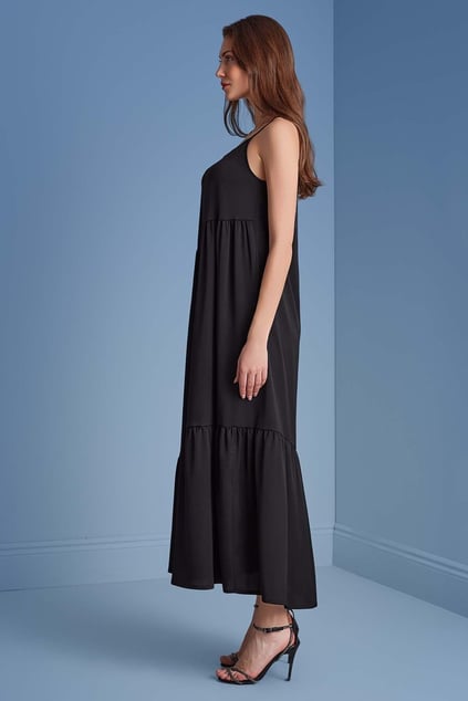 Guitar Guıtar Kadın İp Askılı Rahat Kumaş Bol Kalıp Midi Boy Siyah Elbise 25074-DRESS-10