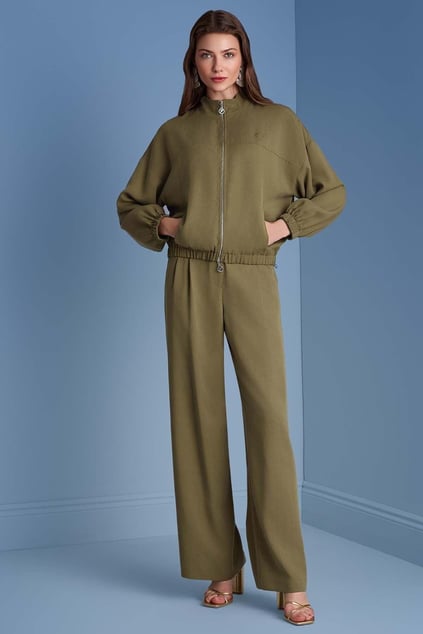 Guitar Guıtar Kadın Normal Kesim Beli ve Kolları Lasitkli Dik Yaka Uzun Kollu Haki Ceket 25076-JACKET-22