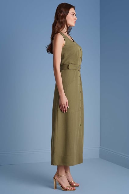 Guitar Guıtar Kadın Normal Kesim Yuvarlak Yaka Kemer Detaylı Düğmeli Kolsuz Haki Elbise 25076-DRESS-22