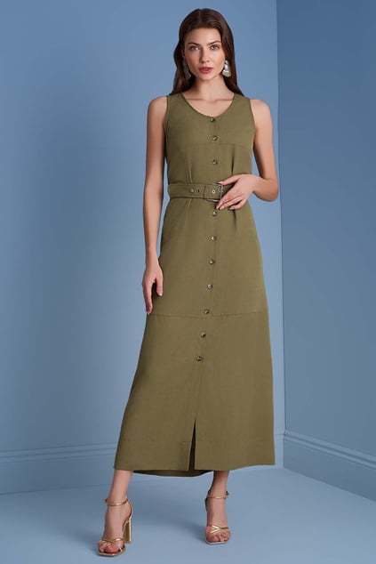 Guitar Guıtar Kadın Normal Kesim Yuvarlak Yaka Kemer Detaylı Düğmeli Kolsuz Haki Elbise 25076-DRESS-22