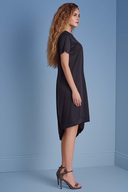 Guitar Guıtar Kadın Oversize Yakası İp Bağlamalı Kısa Kollu Beli Lastik Bağlamalı Kısa Siyah Elbise 25081-DRESS-010