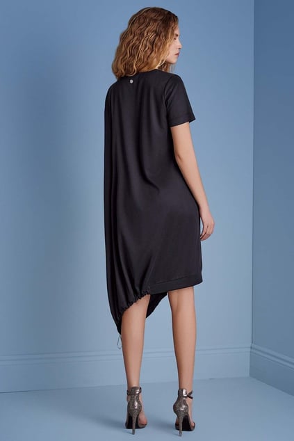 Guitar Guıtar Kadın Oversize Yakası İp Bağlamalı Kısa Kollu Beli Lastik Bağlamalı Kısa Siyah Elbise 25081-DRESS-010