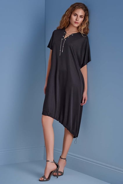 Guitar Guıtar Kadın Oversize Yakası İp Bağlamalı Kısa Kollu Beli Lastik Bağlamalı Kısa Siyah Elbise 25081-DRESS-010