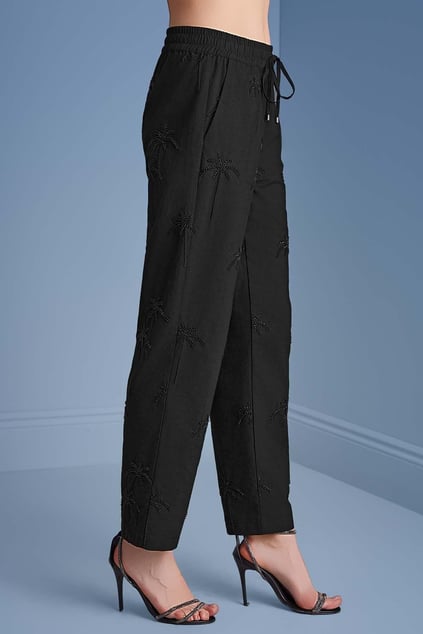 Guitar Guıtar Kadın Regular Fit Taş İşlemeli Palmiye Desenli Düz Normal Paça Siyah Pantolon 25037-PANT-010