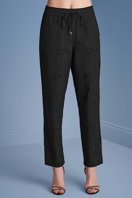 Guitar Guıtar Kadın Regular Fit Taş İşlemeli Palmiye Desenli Düz Normal Paça Siyah Pantolon 25037-PANT-010
