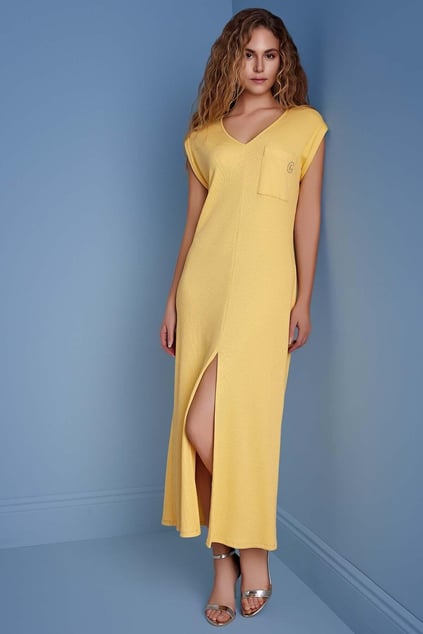 Guitar Guıtar Kadın V Yaka Kısa Kollu Mini Yırtmaç Detaylı Sarı Elbise 25025-DRESS-021