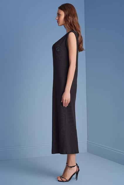 Guitar Guıtar Kadın V Yaka Kısa Kollu Mini Yırtmaç Detaylı Siyah Elbise 25025-DRESS-010