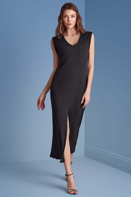 Guitar Guıtar Kadın V Yaka Kısa Kollu Mini Yırtmaç Detaylı Siyah Elbise 25025-DRESS-010