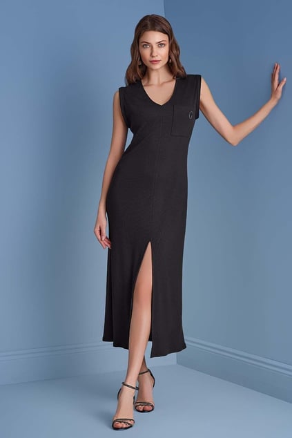 Guitar Guıtar Kadın V Yaka Kısa Kollu Mini Yırtmaç Detaylı Siyah Elbise 25025-DRESS-010