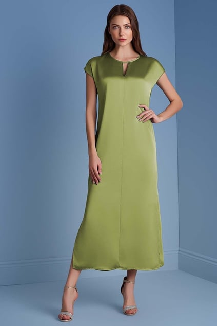 Guitar Guıtar Kadın Yuvarlak Yaka Kısa Kollu Yan Yırtmaç Detaylı Yeşil Elbise 25078-DRESS-023